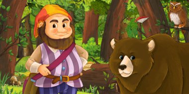 Ormanda baykuşların yanında mutlu bir cücenin olduğu çizgi film sahnesi.