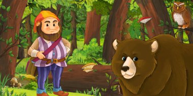 Ormanda baykuşların yanında mutlu bir cücenin olduğu çizgi film sahnesi.