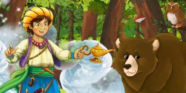 Ormanda gezgin ya da prensin olduğu bir çizgi film sahnesi.