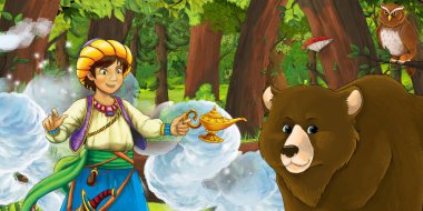 Ormanda gezgin ya da prensin olduğu bir çizgi film sahnesi.