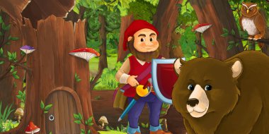 Ormanda mutlu bir cücenin olduğu bir çizgi film sahnesi. 