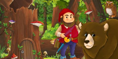 Ormanda mutlu bir cücenin olduğu bir çizgi film sahnesi. 