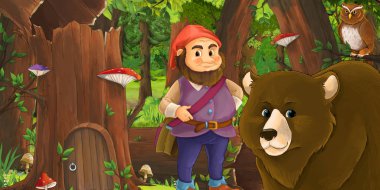 Ormanda mutlu bir cücenin olduğu bir çizgi film sahnesi. 