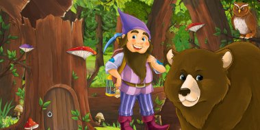 Ormanda mutlu bir cücenin olduğu bir çizgi film sahnesi. 