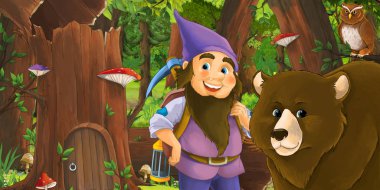 Ormanda mutlu bir cücenin olduğu bir çizgi film sahnesi. 