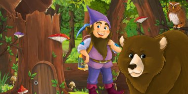 Ormanda mutlu bir cücenin olduğu bir çizgi film sahnesi. 