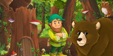 Ormanda mutlu bir cücenin olduğu bir çizgi film sahnesi. 