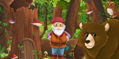 Ormanda mutlu bir cücenin olduğu bir çizgi film sahnesi. 