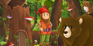 Ormanda mutlu bir cücenin olduğu bir çizgi film sahnesi. 