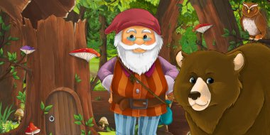 Ormanda mutlu bir cücenin olduğu bir çizgi film sahnesi. 