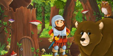 Ormanda mutlu bir cücenin olduğu bir çizgi film sahnesi. 