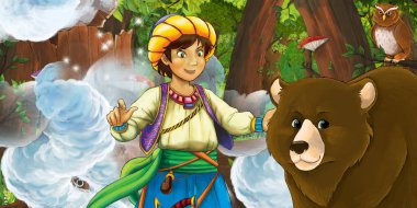 Bir fahişenin yanındaki ormanda gezgin ya da prensle çizgi film sahnesi.