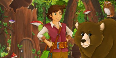 Bir fahişenin yanındaki ormanda gezgin ya da prensle çizgi film sahnesi.