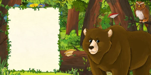 Scena dei cartoni animati di bosco e prato con gufi - frontespizio con spazio per il testo - illustrazione per bambini — Foto Stock