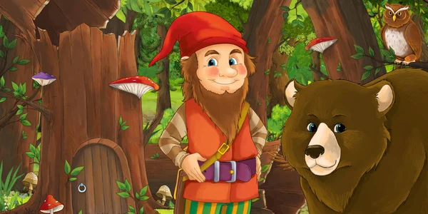 Cartoon scene with happy dwarf in the forest near some house in — Stock Photo, Image