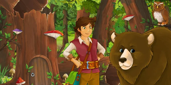 Cena dos desenhos animados com viajante ou príncipe na floresta perto de algum ho — Fotografia de Stock