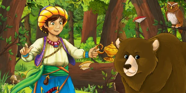 Cena dos desenhos animados com viajante ou príncipe na floresta perto de alguns ow — Fotografia de Stock