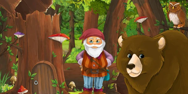 Cartoon scene with happy dwarf in the forest near some house in — 스톡 사진