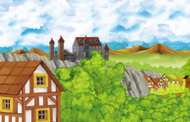 karikatür sahnesi krallık kalesi ve dağlar vadisi ve çocuklar için ayakta resimleme