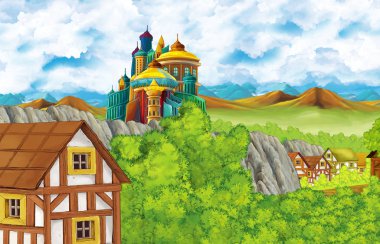 karikatür sahnesi krallık kalesi ve dağlar vadisi ve çocuklar için ayakta resimleme