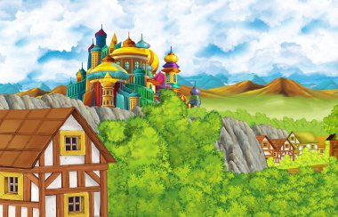 karikatür sahnesi krallık kalesi ve dağlar vadisi ve çocuklar için ayakta resimleme