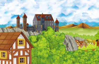 karikatür sahnesi krallık kalesi ve dağlar vadisi ve çocuklar için ayakta resimleme