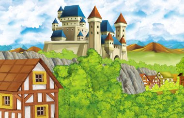 karikatür sahnesi krallık kalesi ve dağlar vadisi ve çocuklar için ayakta resimleme