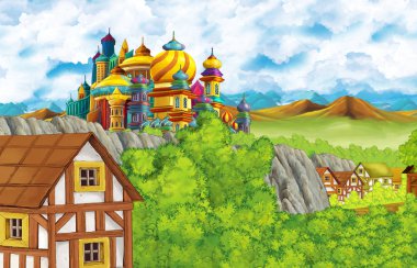 karikatür sahnesi krallık kalesi ve dağlar vadisi ve çocuklar için ayakta resimleme