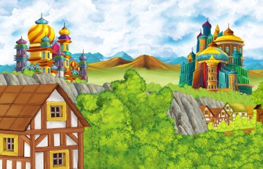 karikatür sahnesi krallık kalesi ve dağlar vadisi ve çocuklar için ayakta resimleme