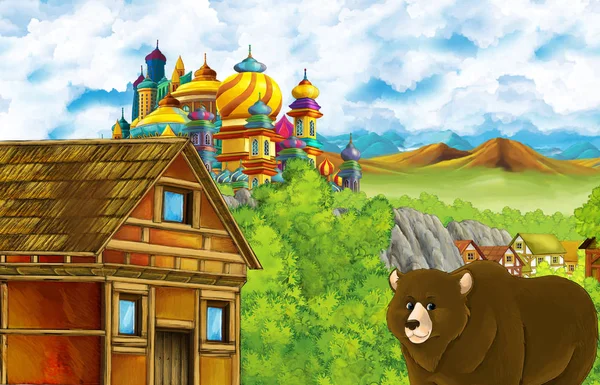Tecknad scen med rike slott och berg dal och björn stående illustration för barn — Stockfoto