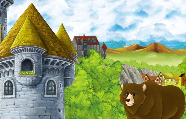 Cena dos desenhos animados com castelo do reino e vale das montanhas e ilustração ereta do urso para crianças — Fotografia de Stock