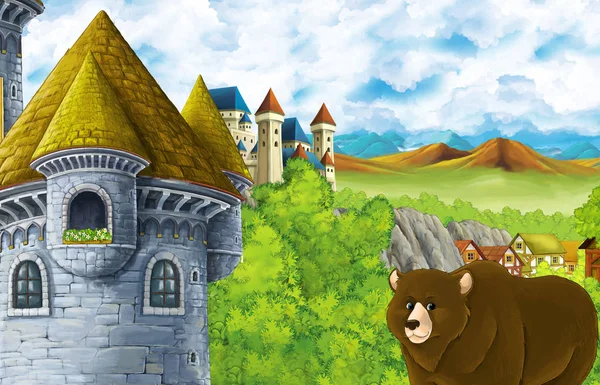 Escena de dibujos animados con castillo reino y montañas valle y oso de pie ilustración para los niños — Foto de Stock