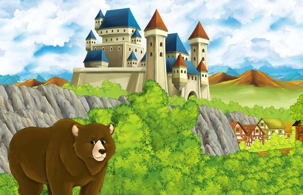 Escena de dibujos animados con castillo reino y montañas valle y oso de pie ilustración para los niños — Foto de Stock