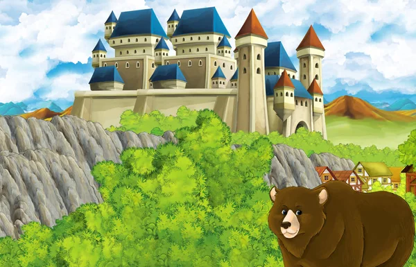 Escena de dibujos animados con castillo reino y montañas valle y oso de pie ilustración para los niños — Foto de Stock