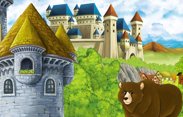 Scène de dessin animé avec château royaume et vallée de montagnes et ours illustration debout pour les enfants — Photo