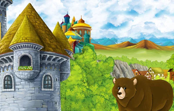 Scena del fumetto con il castello del regno e la valle delle montagne e orso in piedi illustrazione per i bambini — Foto Stock