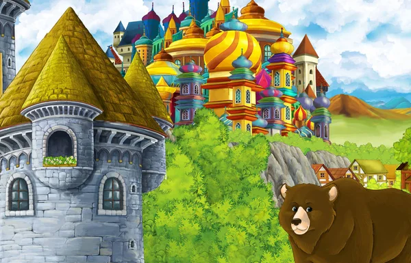 Escena de dibujos animados con castillo reino y montañas valle y oso de pie ilustración para los niños — Foto de Stock