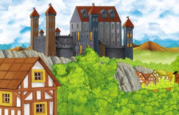 带有王国城堡和山谷的卡通片场景，并附有儿童的站立图解 — 图库照片