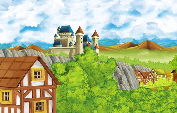 Kreslená scéna s královským hradem a horami údolí a medvěd stojící ilustrace pro děti — Stock fotografie