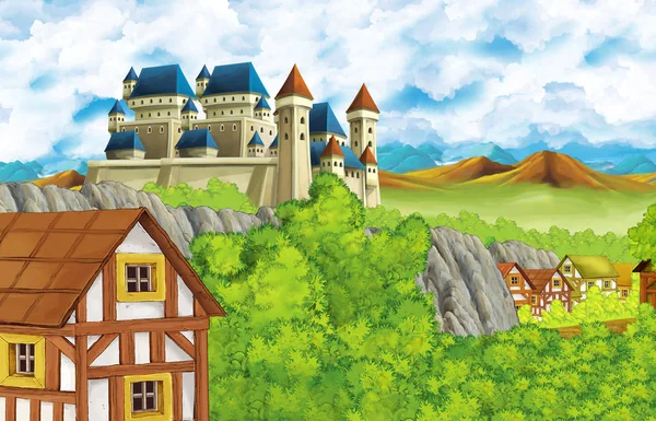 Escena de dibujos animados con castillo reino y montañas valle y oso de pie ilustración para los niños — Foto de Stock