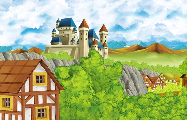 Σκηνή κινουμένων σχεδίων με κάστρο βασίλειο και τα βουνά κοιλάδα και φέρουν μόνιμη απεικόνιση για τα παιδιά — Φωτογραφία Αρχείου