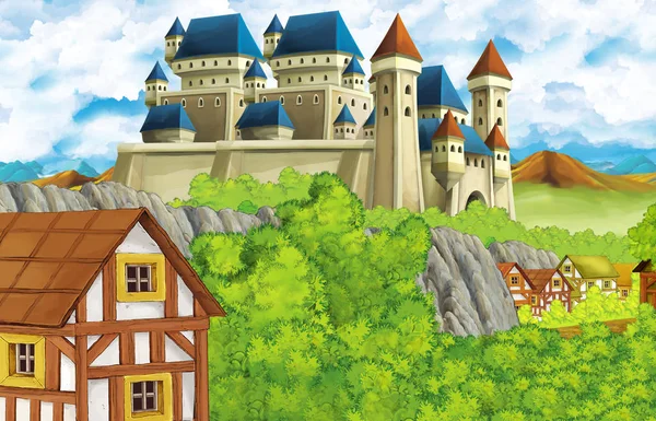 Σκηνή κινουμένων σχεδίων με κάστρο βασίλειο και τα βουνά κοιλάδα και φέρουν μόνιμη απεικόνιση για τα παιδιά — Φωτογραφία Αρχείου