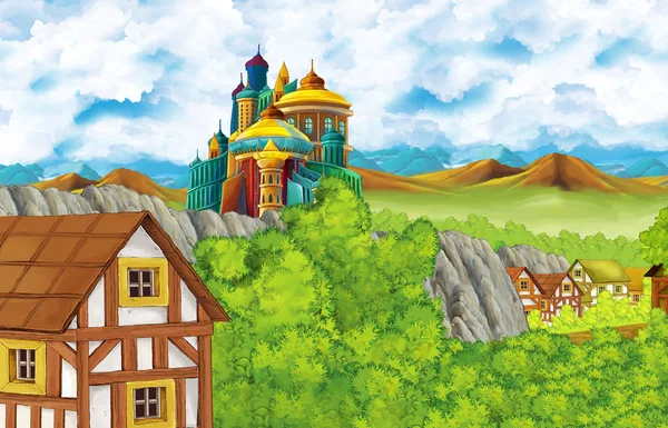 Escena de dibujos animados con castillo reino y montañas valle y oso de pie ilustración para los niños —  Fotos de Stock