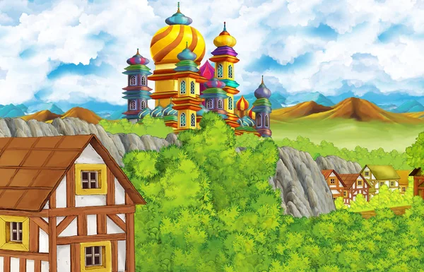 Tecknad scen med rike slott och berg dal och björn stående illustration för barn — Stockfoto