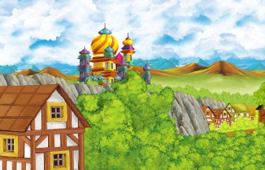 karikatür sahnesi krallık kalesi ve dağlar vadisi ve çocuklar için ayakta resimleme