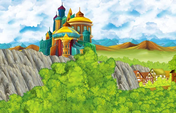 Kreslená scéna s královským hradem a horami údolí a medvěd stojící ilustrace pro děti — Stock fotografie