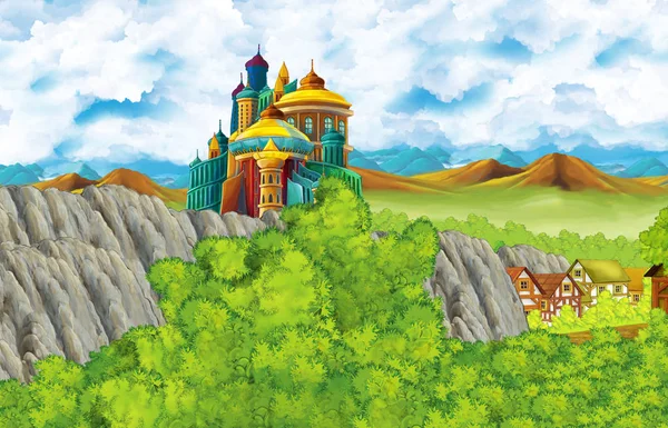 Cartoon scene with kingdom castle and mountains valley and bear standing illustration for children — 스톡 사진
