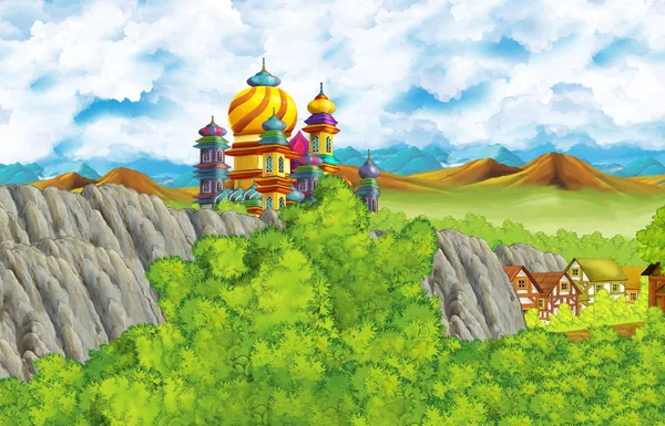 Мультяшна сцена з королівським замком і долиною гір і ведмедем стоїть ілюстрація для дітей — стокове фото