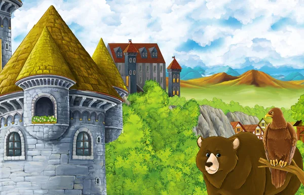 Cena dos desenhos animados com castelo do reino e vale de montanhas e urso de pé e águia sentado ilustração para crianças — Fotografia de Stock