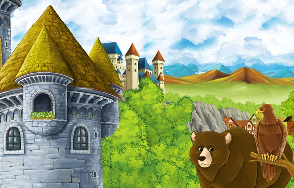 Escena de dibujos animados con castillo reino y montañas valle y oso de pie y águila sentado ilustración para niños — Foto de Stock